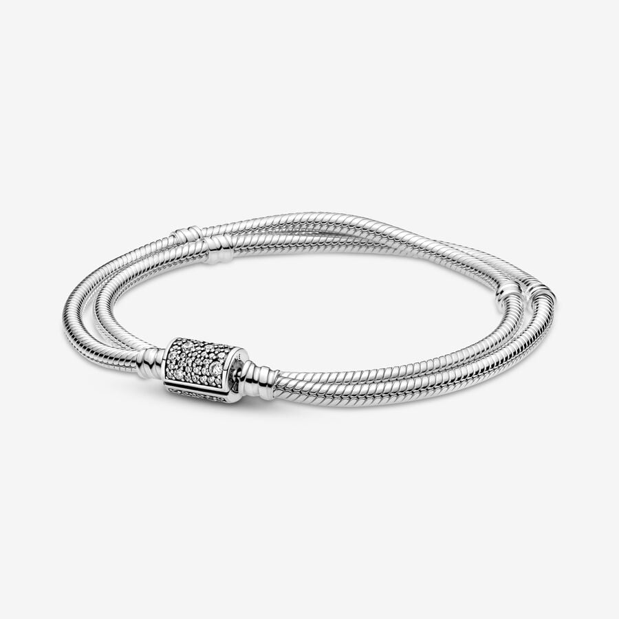 Chain Bracelets Pandora Moments Double Wrap Barrel Clasp Snake Strieborne | SK235PNHM