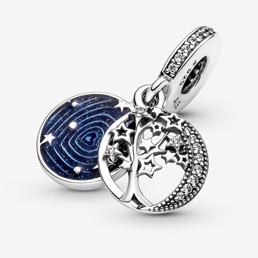 Dangle Charms Pandora Double Tree & Galaxy Moon Strieborne | SK842JXEO