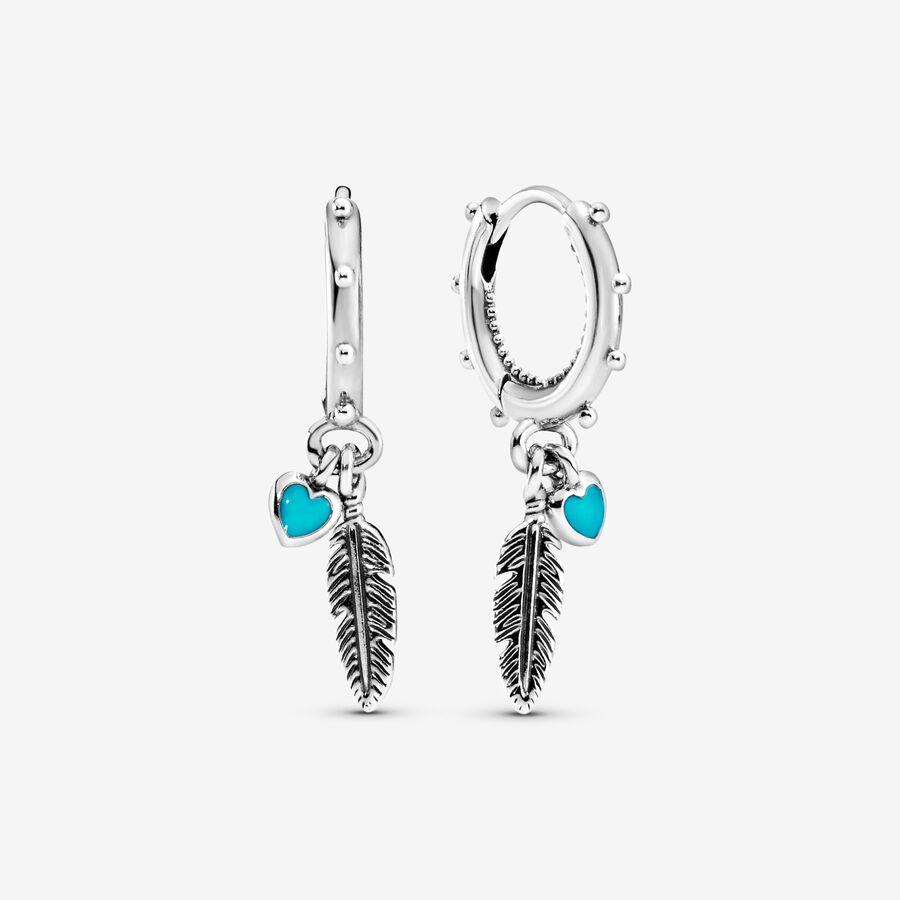 Drop Earrings Pandora Turquoise Hearts & Love Feather Strieborne | SK437JZKI