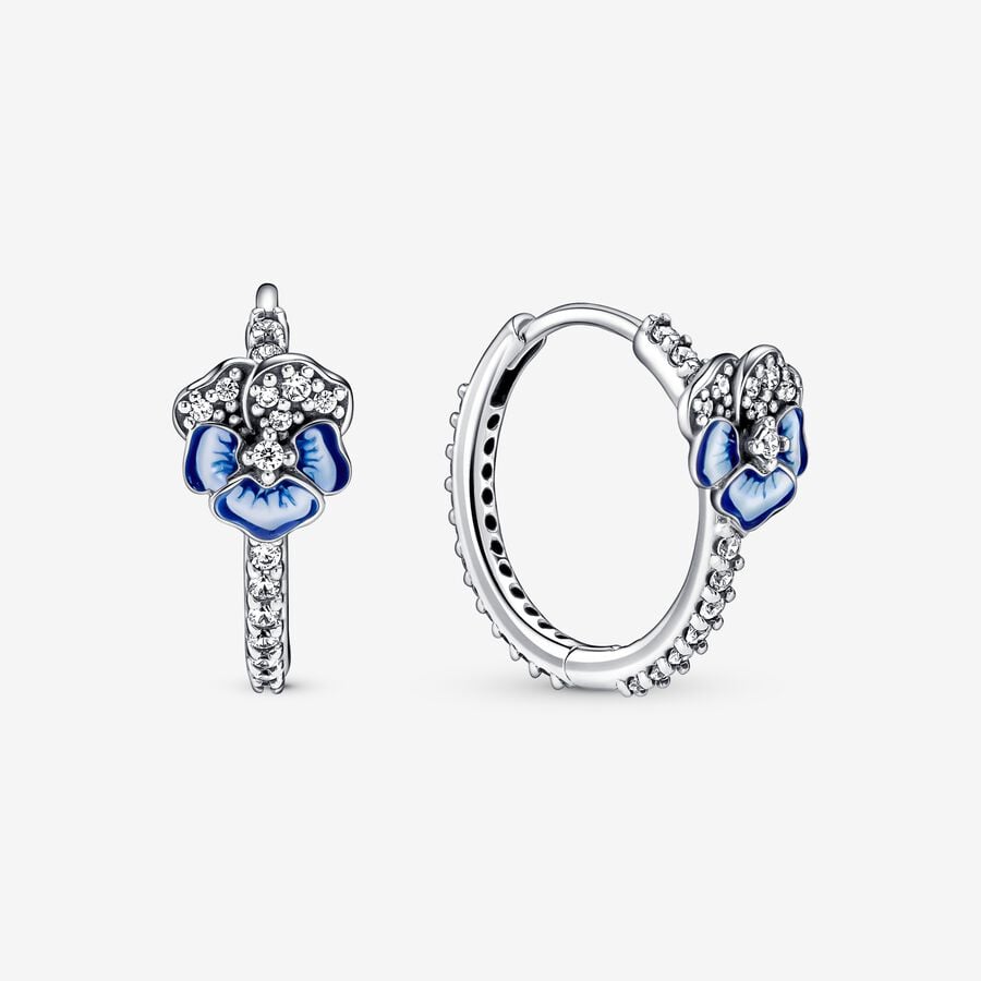 Hoop Earrings Pandora Blue Pansy Flower Strieborne | SK123OZXW