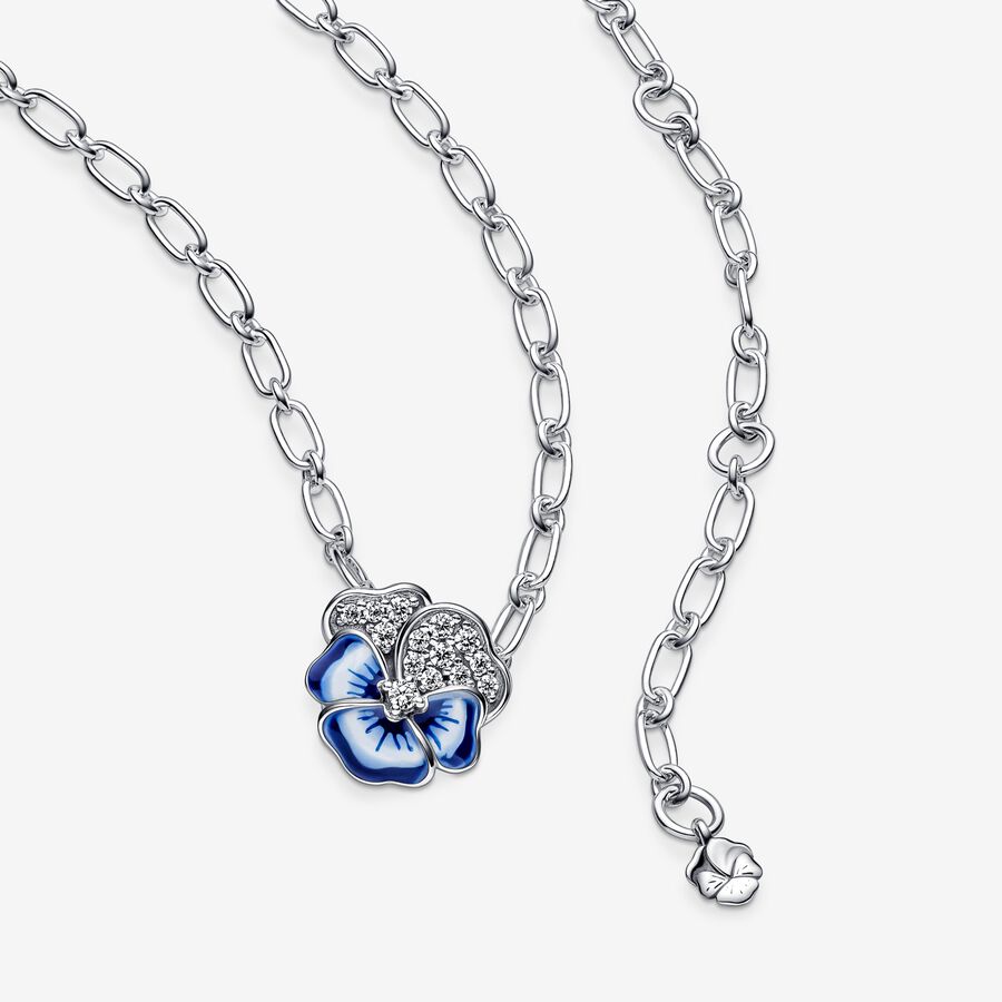 Pendant Necklaces Pandora Blue Pansy Flower Strieborne | SK862ADBN