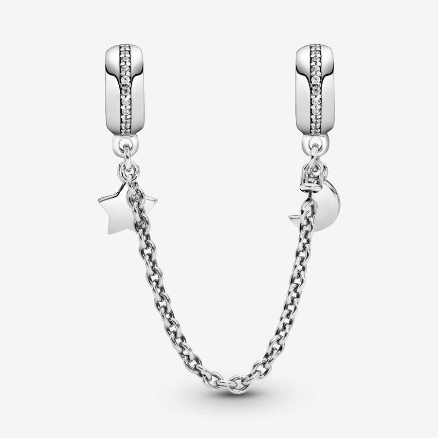 Safety Chains Pandora Half Moon Star Strieborne | SK512ONCD