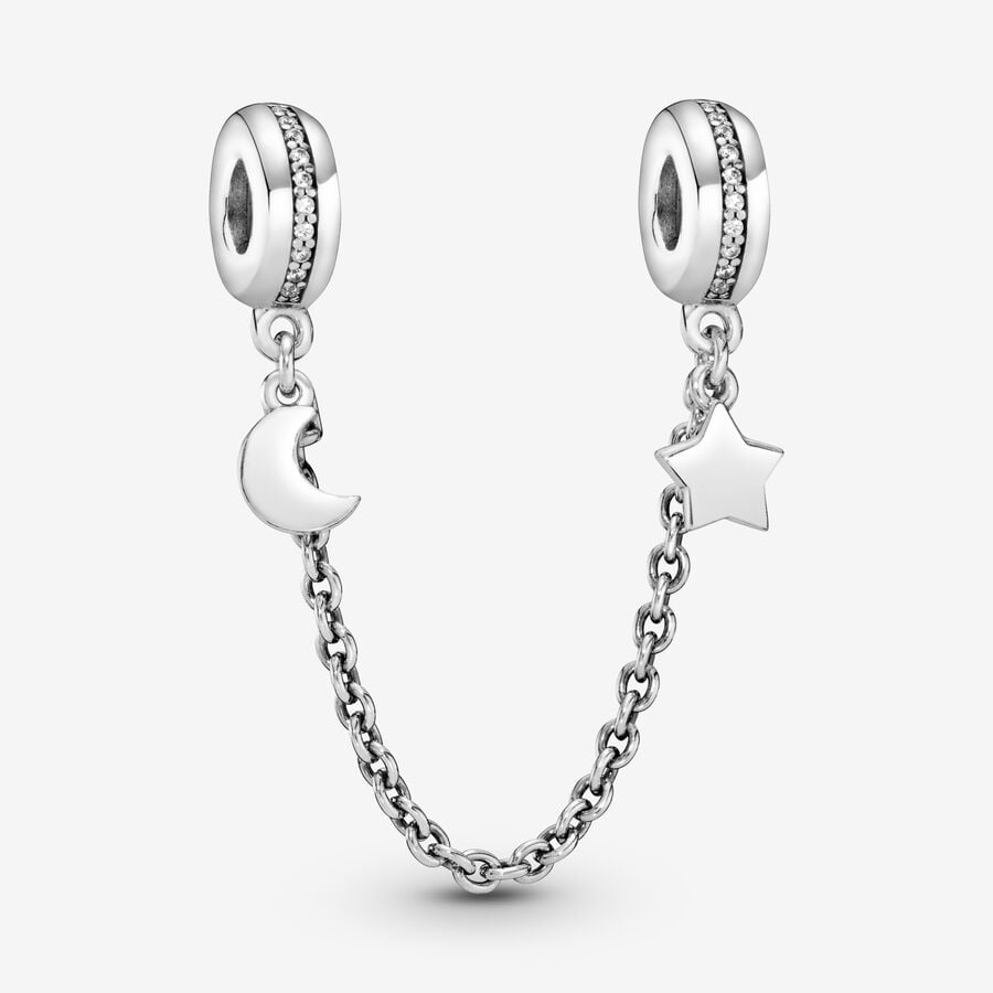 Safety Chains Pandora Half Moon Star Strieborne | SK512ONCD