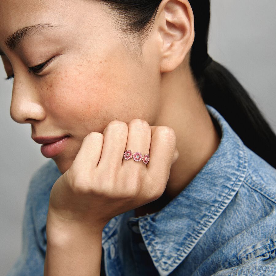 Statement Rings Pandora Pink Daisy Flower Trio Ruzove Zlate | SK854PLEV