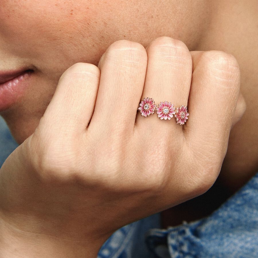 Statement Rings Pandora Pink Daisy Flower Trio Ruzove Zlate | SK854PLEV