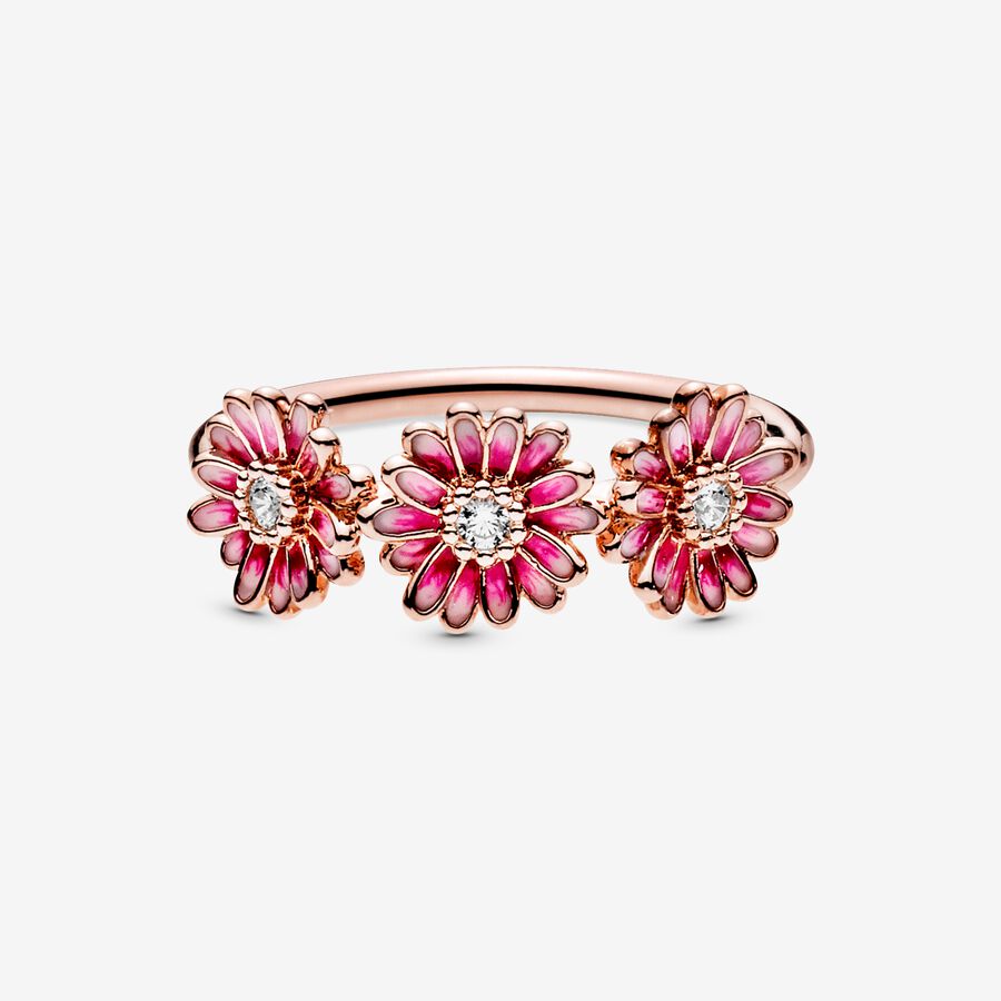 Statement Rings Pandora Pink Daisy Flower Trio Ruzove Zlate | SK854PLEV