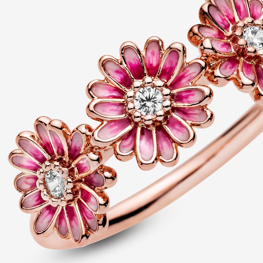 Statement Rings Pandora Pink Daisy Flower Trio Ruzove Zlate | SK854PLEV