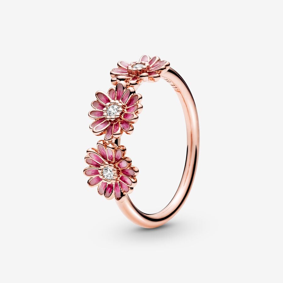 Statement Rings Pandora Pink Daisy Flower Trio Ruzove Zlate | SK854PLEV