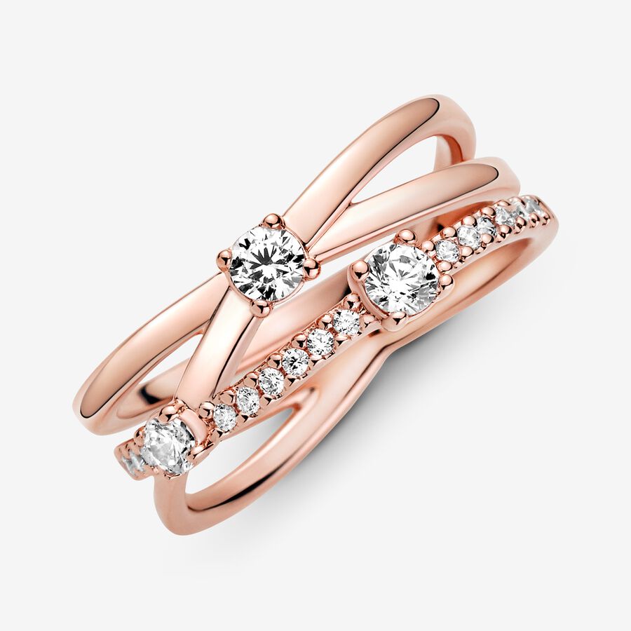 Statement Rings Pandora Sparkling Triple Ruzove Zlate | SK416TNPC