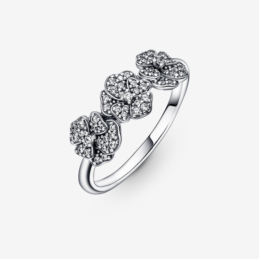 Statement Rings Pandora Triple Pansy Flower Strieborne | SK684WTNS