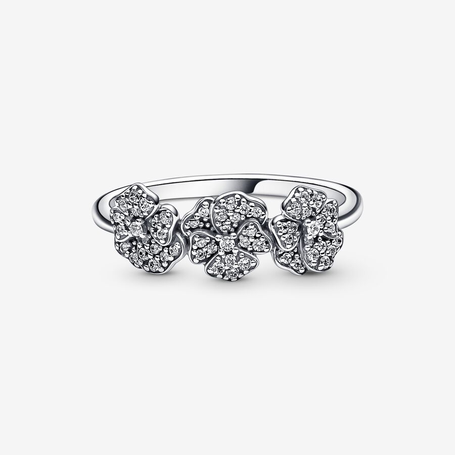 Statement Rings Pandora Triple Pansy Flower Strieborne | SK684WTNS