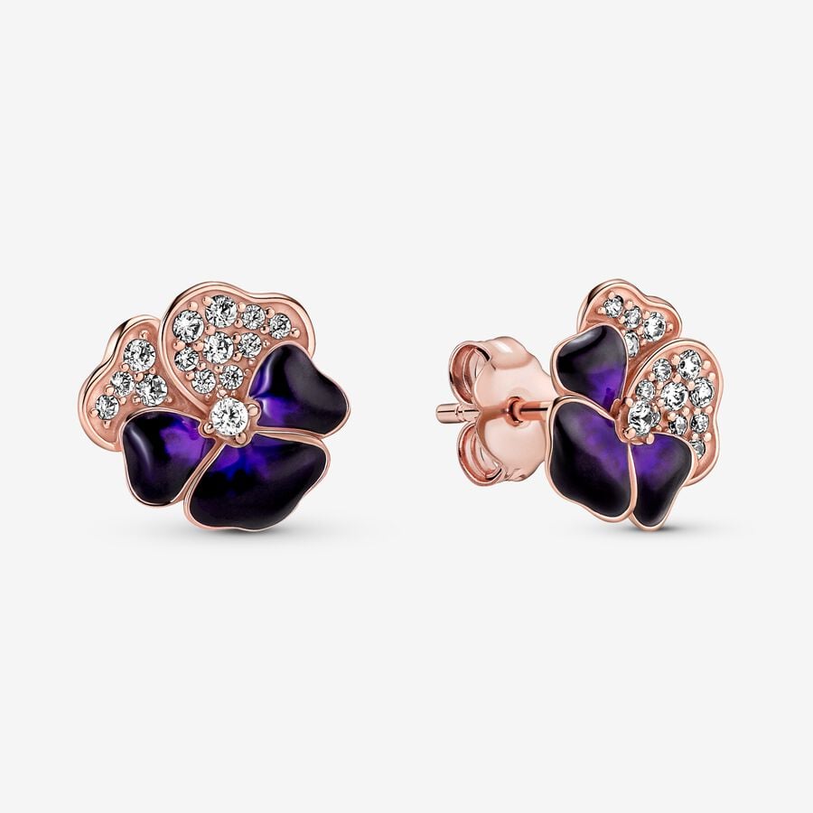 Stud Earrings Pandora Deep Purple Pansy Flower Ruzove Zlate | SK278YHFS