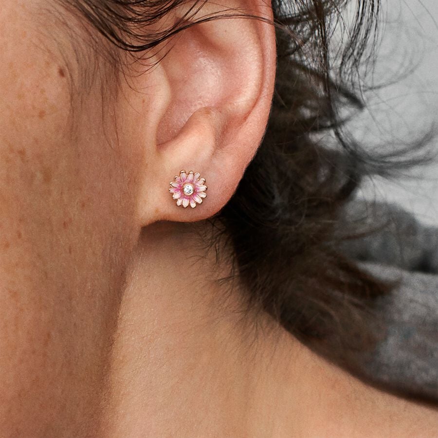 Stud Earrings Pandora Pink Daisy Flower Ruzove Zlate | SK640JICX