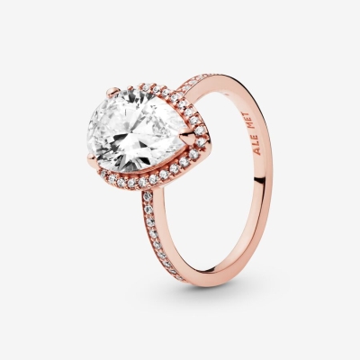 Halo & Solitaire Rings Pandora Sparkling Teardrop Ruzove Zlate | SK743ZDUS